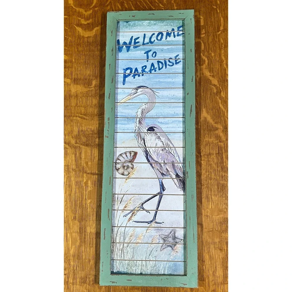 Welcome To Paradise Great Blue‎ Heron Coastal Wood Wall Sign Distressed 25.75